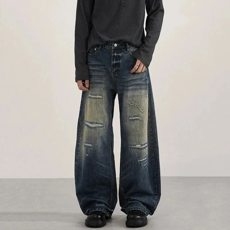 High Street Men's Jeans Worn-out Hole Patch Washing Contrast Color New Wide Leg All-match Male Denim Pants Trendy