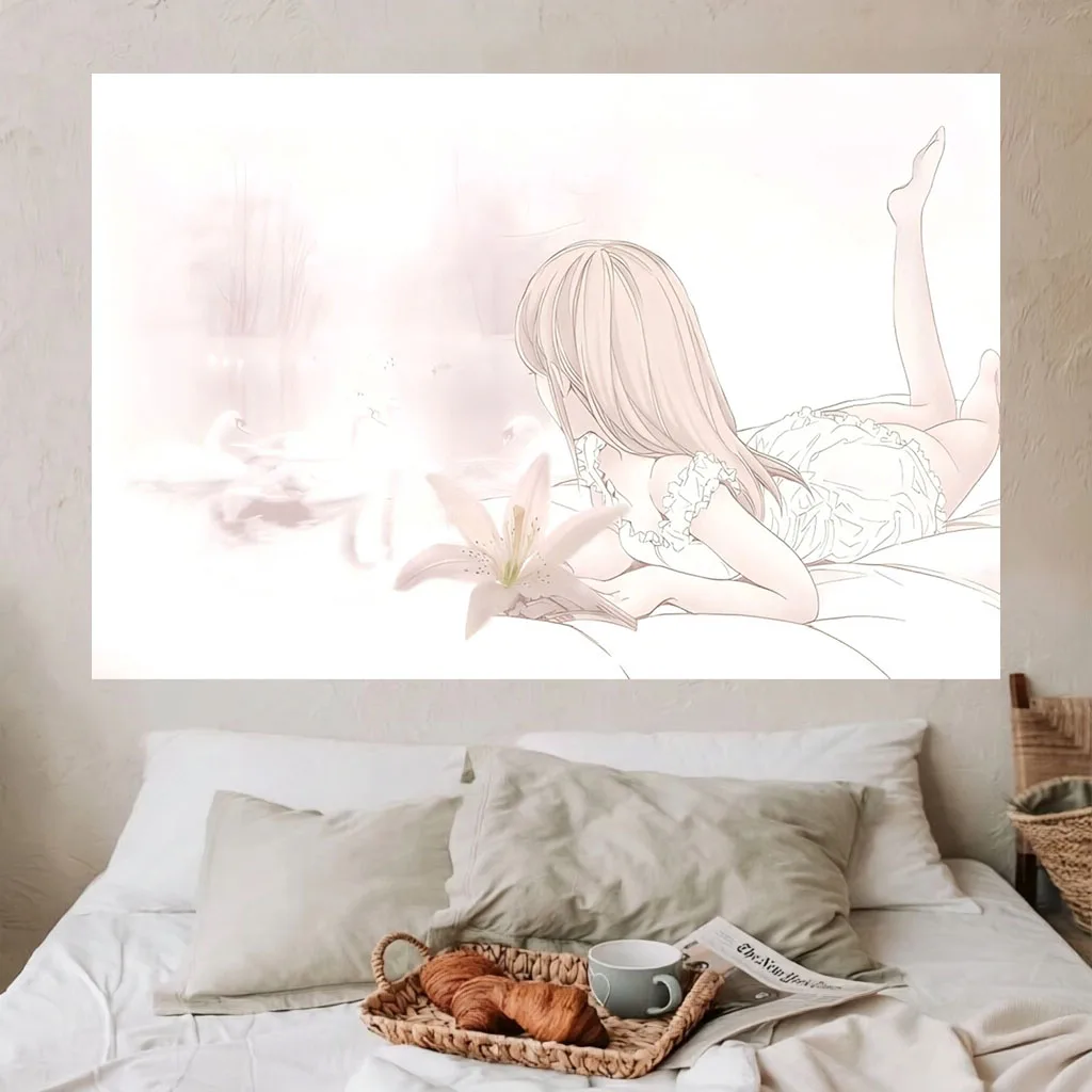 Soft Line Art Anime Girl Tapestry White Lily Swan Pastel Aesthetic Wall Hanging Kawaii Cute Bedroom Dorm Background Decor Cloth