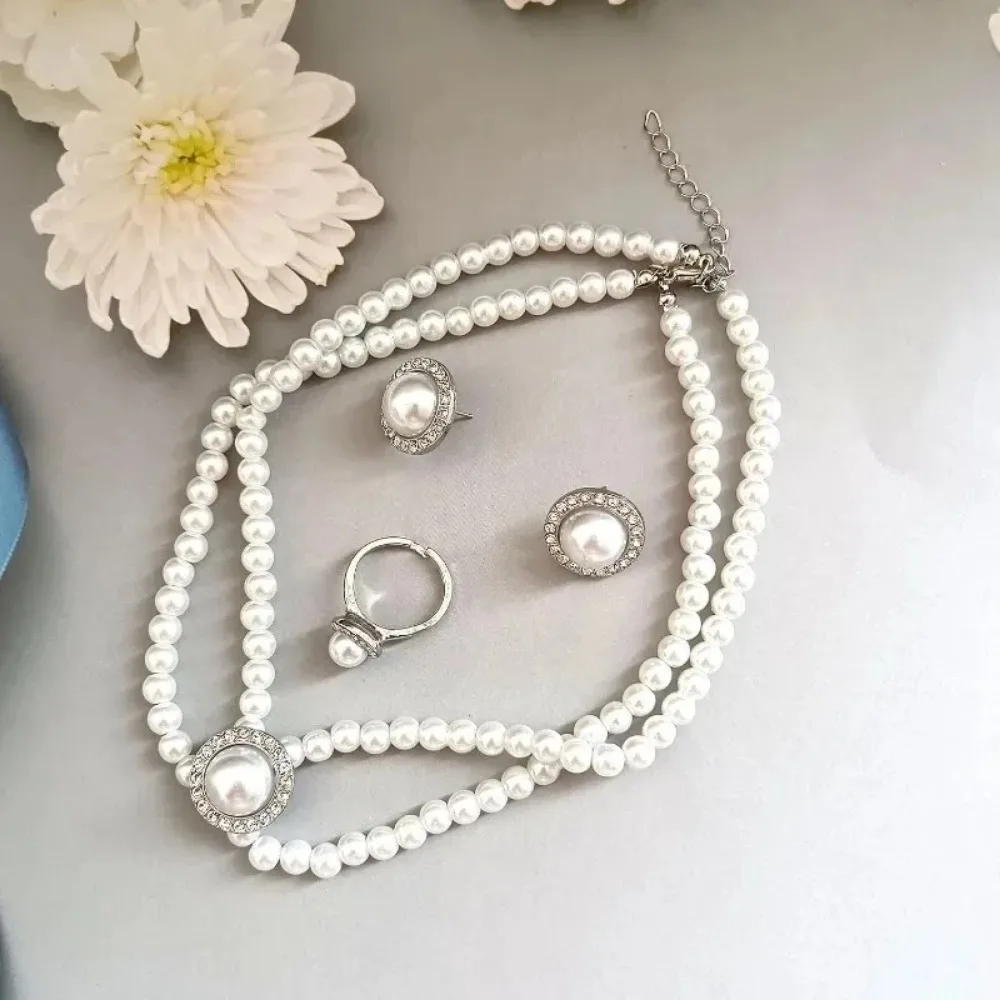 Women's Party Accessories Jewelry Set Fashion Elegant Geometric Round Rhinestone Imitation Pearl Beaded Necklace Earring 4Pcs