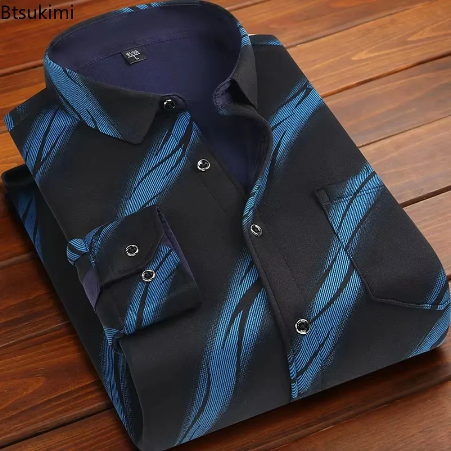 Autumn Winter Thicken Fleece Shirt for Men Casual Business Shirt Long Sleeve Warm Clothes Single Pocket Classic Check Shirt Male
