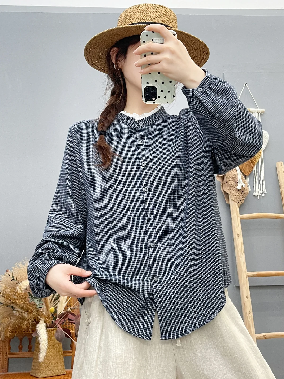 Novo 2025 outono algodão manga longa camisa escovada, feminino suporte xadrez babados, mori menina moda ol casual blusa solta t58979cc