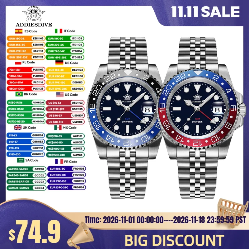 ADDIESDIVE AD2050 Men Watch BGW9 Super Luminous 20Bar Waterproof Reloj 316L Stainless Steel Swiss Ronda 515-24 GMT Quartz Watch