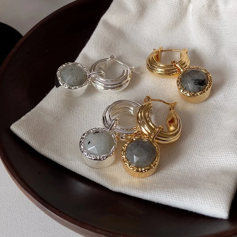 Fashionable natural stone round pendant earrings removable design can be worn two ways trendy elegant eardrop