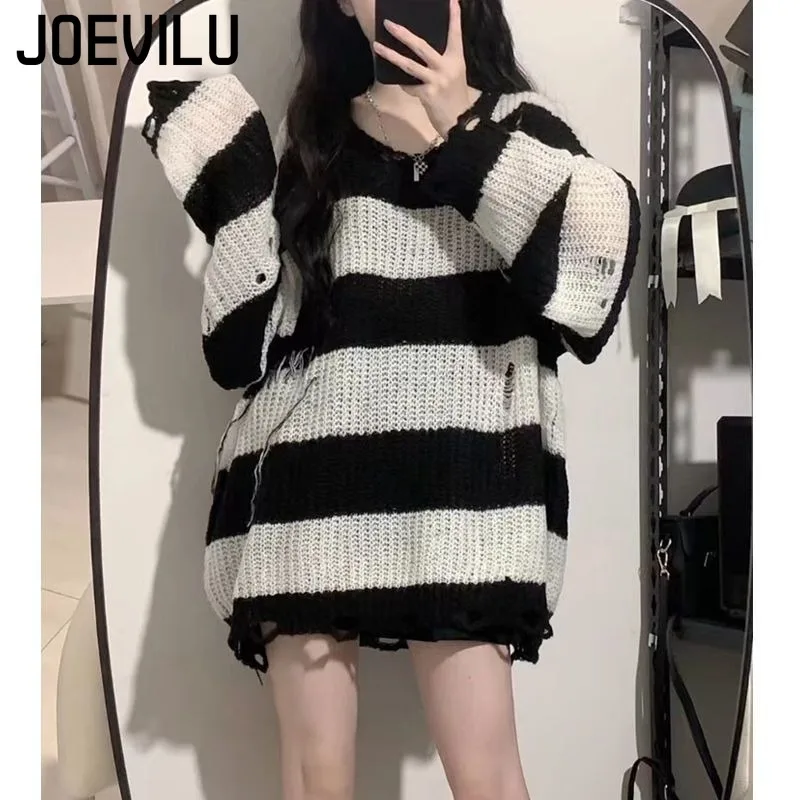 Women's Stripe Knitted Sweater Oversized Long Sleeve Pullover Loose Casual Knit Tops Black Pink Y2K Fall Winter Fashion Outwear