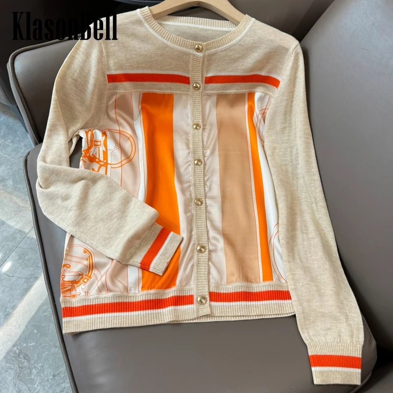 

4.14 KlasonBell Spring New Silk Contrast Color Print Spliced Knit O-Neck Single Breasted Straight Cardigan For Female