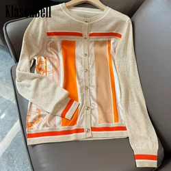 4.14 KlasonBell Spring New Silk Contrast Color Print Spliced Knit O-Neck Single Breasted Straight Cardigan For Female