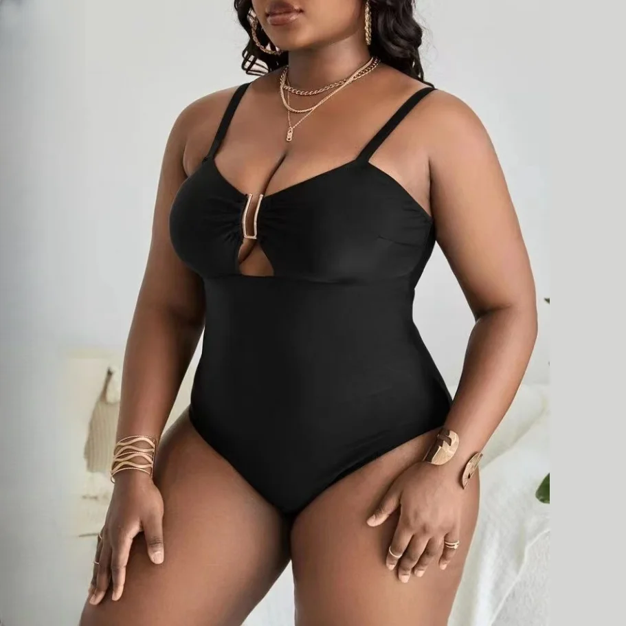 Solid Color Deep V Sexy Hollow Plus Size One-piece Swimsuit