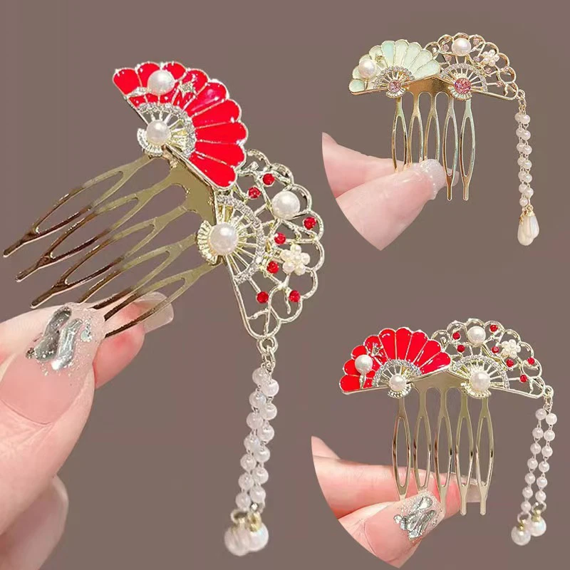 U Shaped Hair Sticks Forks Retro Chinese Fan Shaped Simple Hairpins Side Clips Pearls Pendant Hair Jewlery