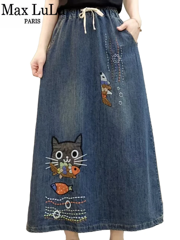 Max LuLu Cartoon Embroidery Spring Females Denim Dress Fashion Vintage Vestidos Casual Classic Elastic Ladies Streetwear Clothes