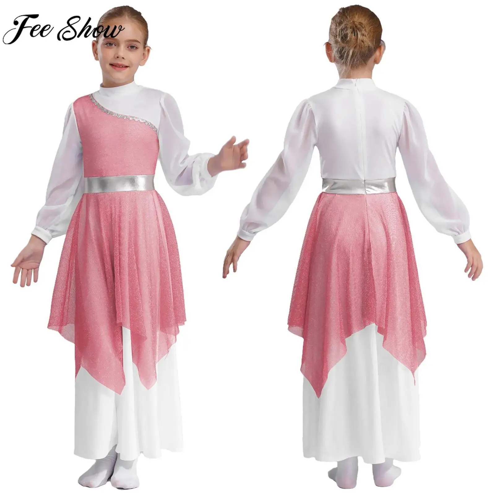 6-16Y الفتيات طويلة الأكمام لامعة الليتورجية فستان رقص غنائي الكنيسة جوقة العبادة الثناء ثوب حفلة مرحلة الأداء Dancewear