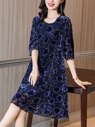 Autumn Silk Flocking Floral High Quality Midi Dress Women Jacquard Elegant Party Night Dress 2024 Korean Bodycon Casaul Vestidos