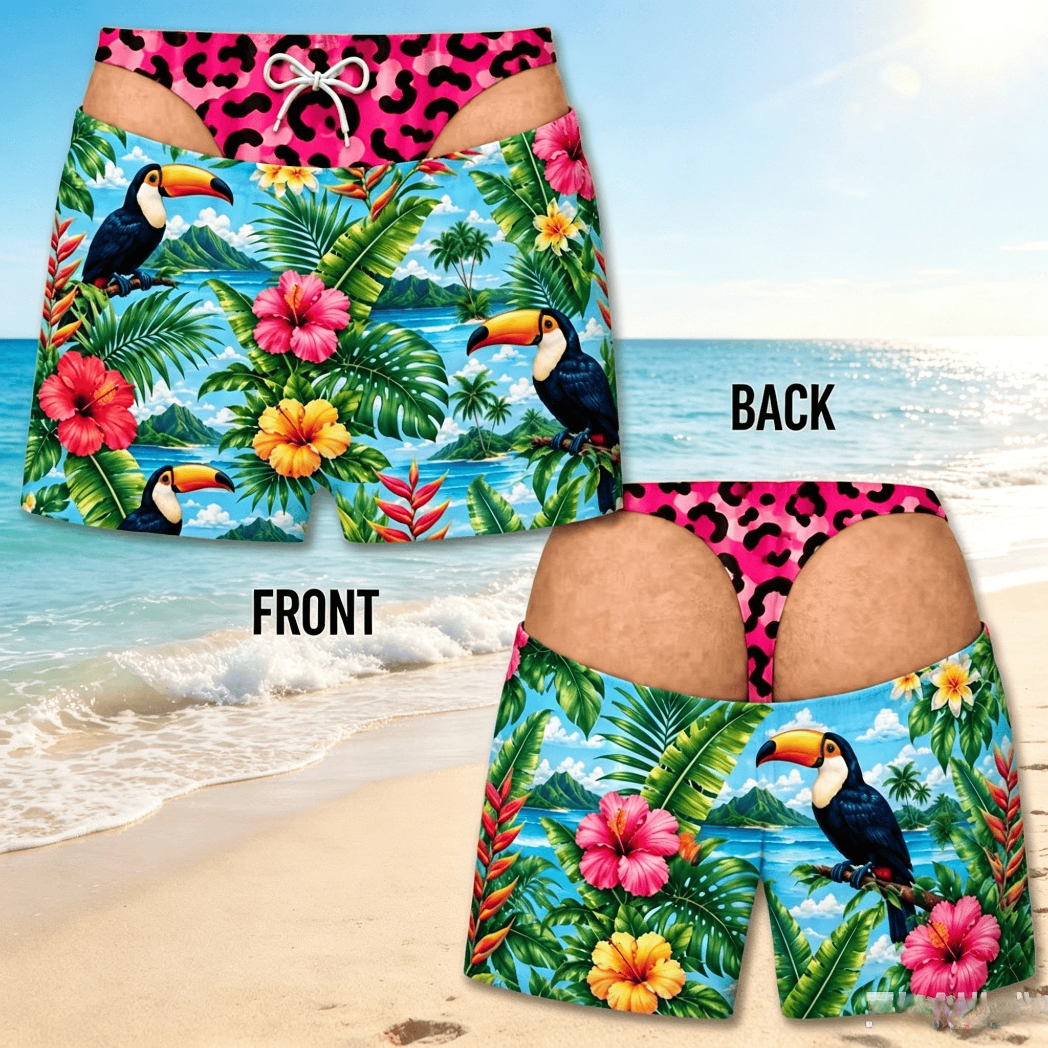 Fun 3D Print Leopard Print Hawaii Floral Swim Trunks for Men Summer Sea Beach Casual Beach Party Essentials Viral Board Short