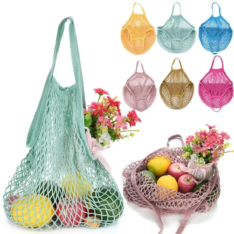 Portable Reusable Grocery Bags Fruit Vegetable Bag Washable Cotton Mesh String Organic Organizer Handbag Short Handle Net Tote