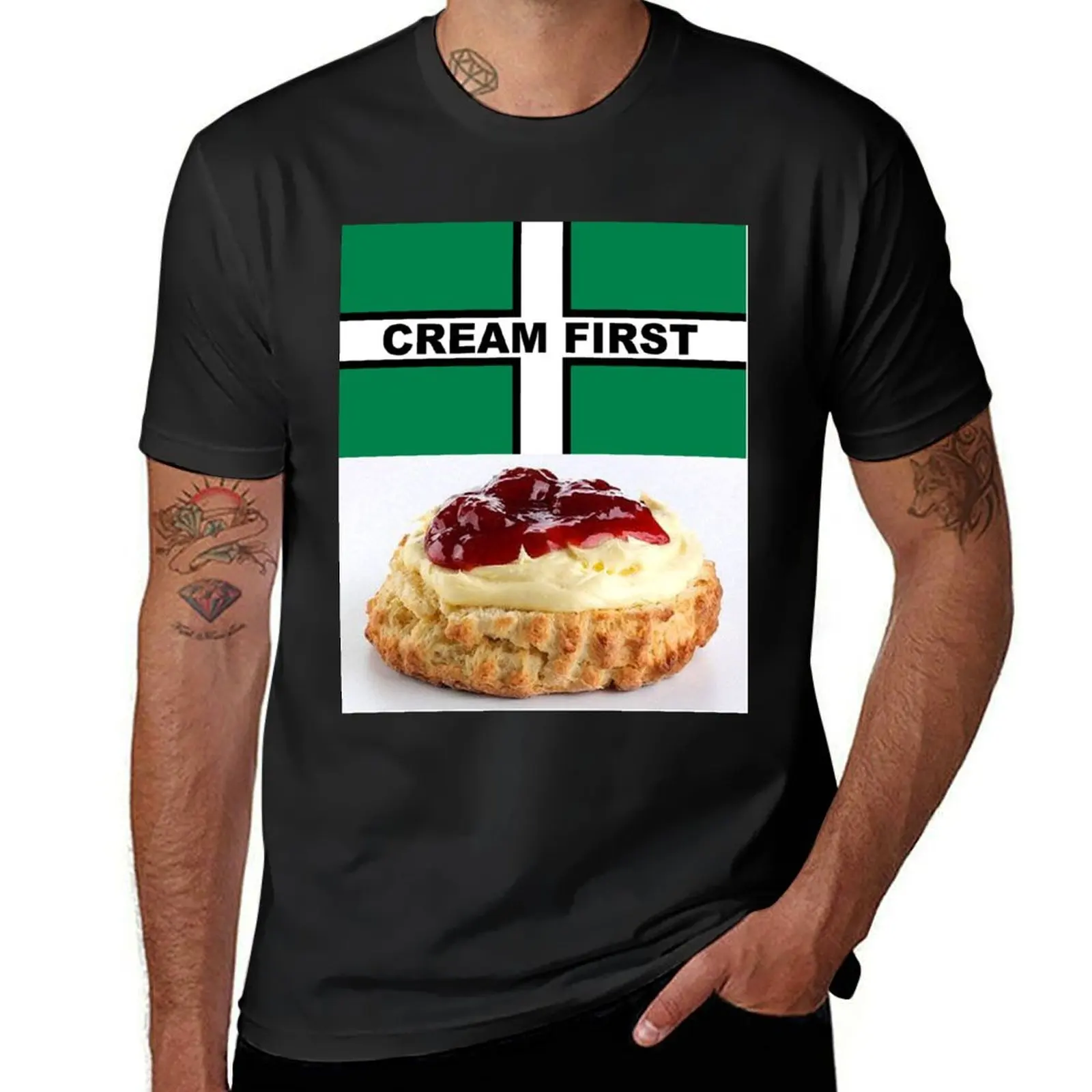 Cream First Scone with Devon Flag of Saint Petroc Statement T-Shirt, Mask, Poster, Sticker, Print, poster etc T-Shirt