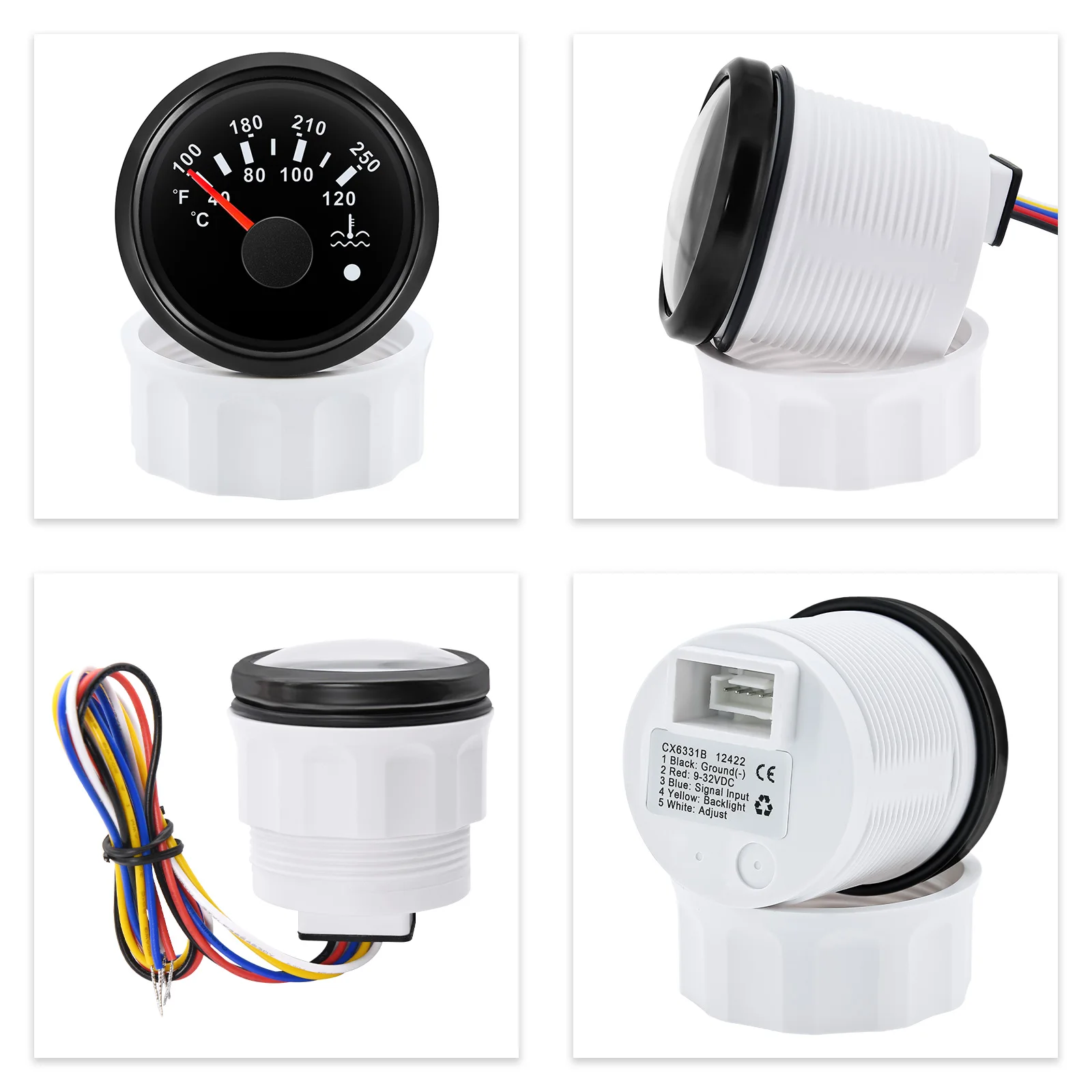 40~120 ℃ ,100~250 ℉   Medidor de temperatura da água com aviso 7 cores luz 52mm medidor de temperatura da água à prova dwaterproof água para carro barco iate 12v24v