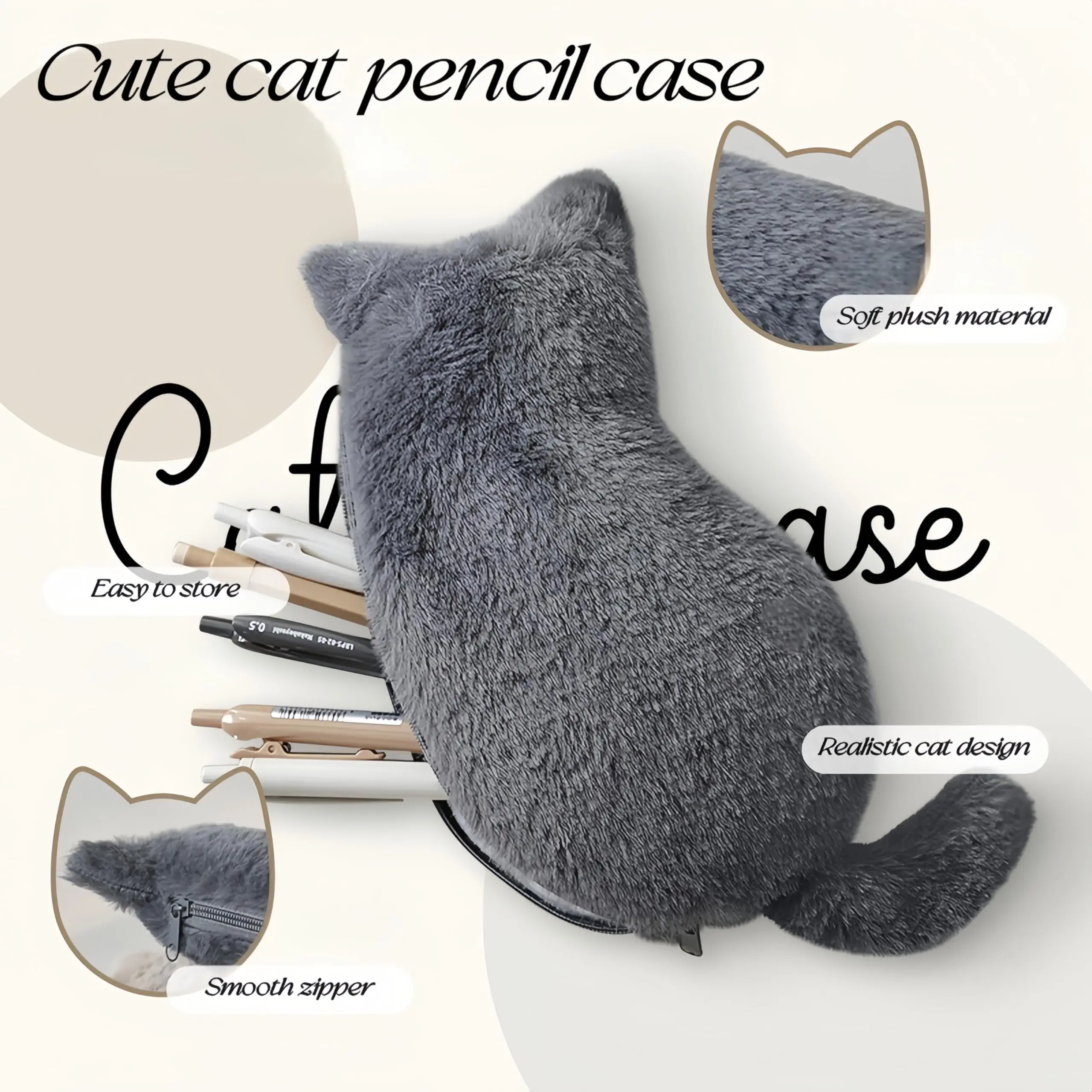 Kawaii Soft Plush Pen Bag Cat Shaped Pencil Cases Cute Lightweight Large Capacity Pencil Pouch Organizer School Stationeries