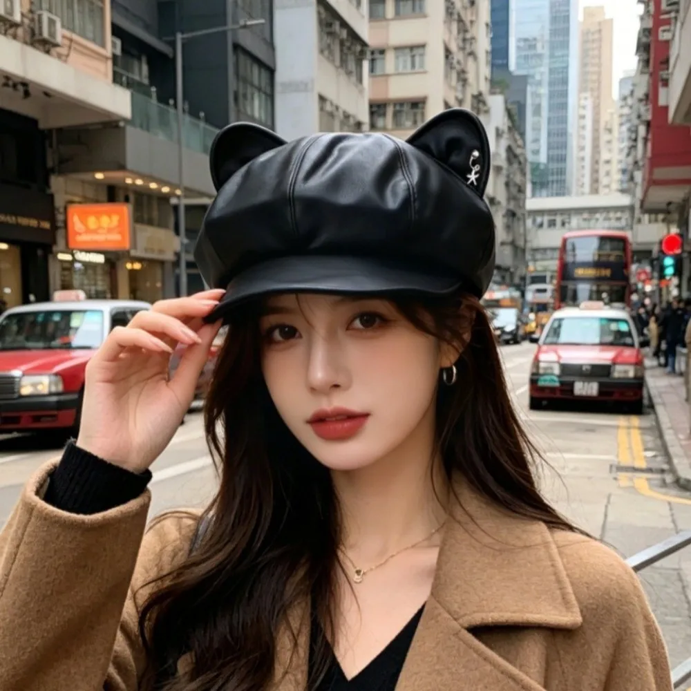 Retro PU Leather Cat Ear Beret Hat Solid Color Versatile Octagonal Hat Painter Hat Autumn Winter