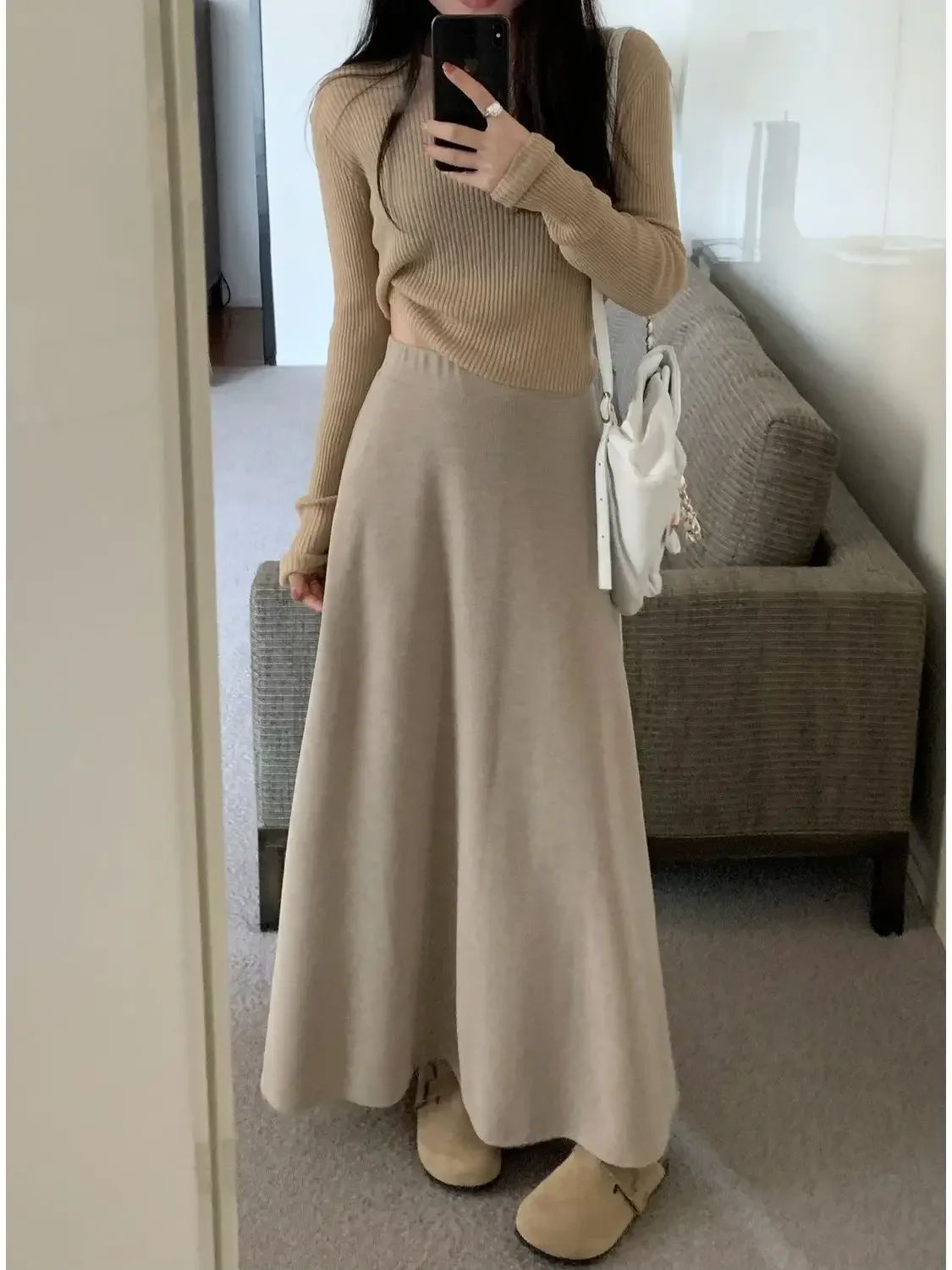 Midi Skirts Women Knit Solid Color Simple Elegant Korean Style Popular High Waist Slim Warm Cozy Autumn Winter New All-match