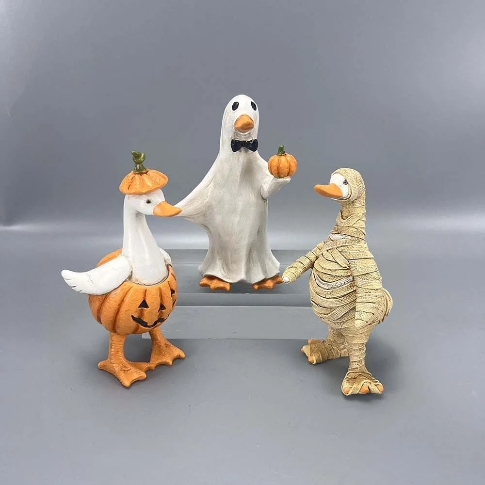 Creative Halloween Duck Figurine Vivid 3D Waterproof Resin Goose Statue Compact Size Handmade Look Ghost Pumpkin Sculpture