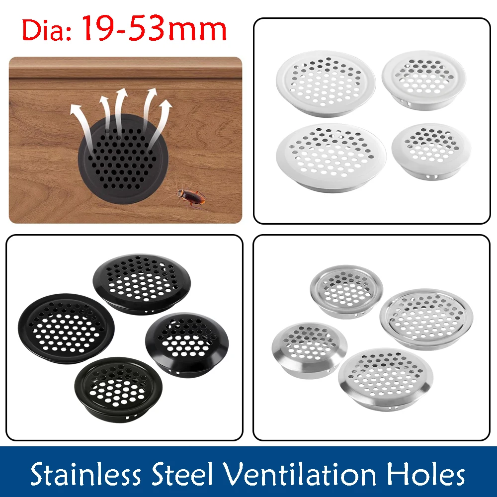 6Pcs Round Cabinet Air Duct Vent Dia.19-53mm Stainless Steel Louver Mesh Hole Plug Decoration Cover Wardrobe Grille Ventilation