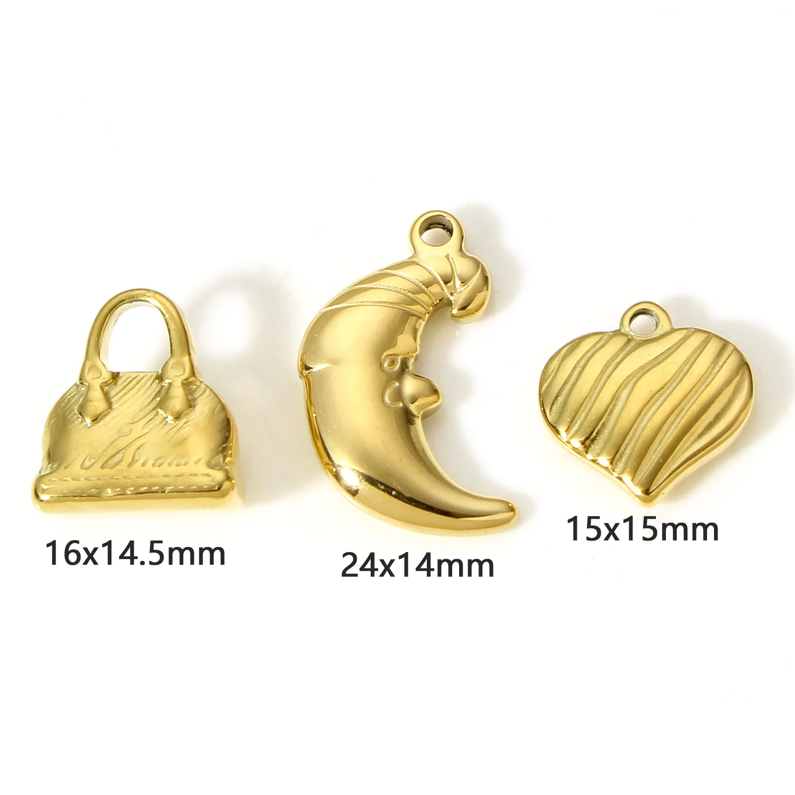 1 Piece 304 Stainless Steel Bag Moon Heart Charms Pendants For Jewelry Making 3D Gold Color Stripe Diy Charms Necklace Supplies