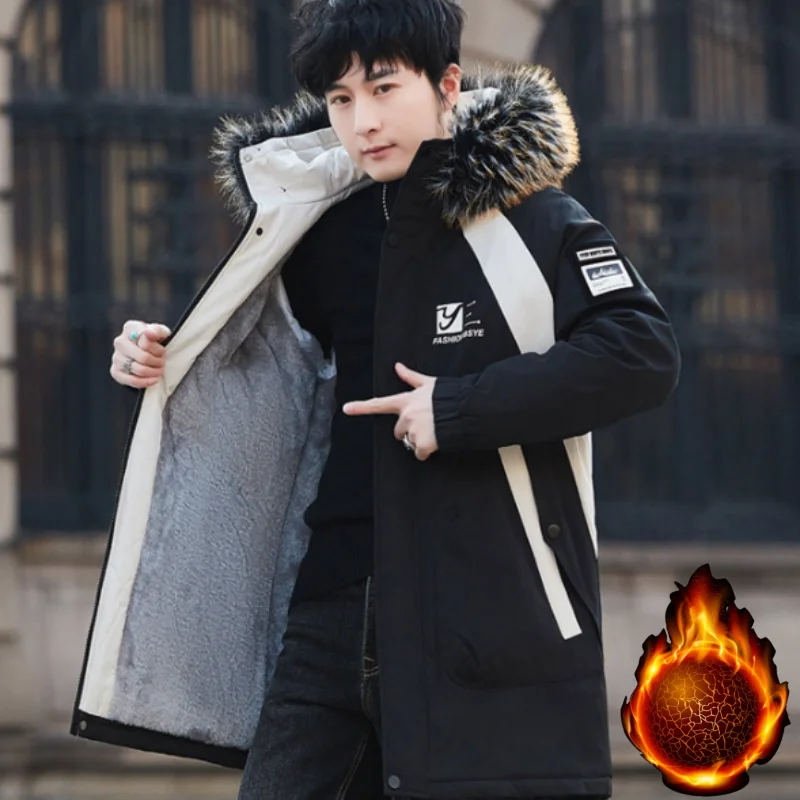 معطف رجالي سميك مبطن بالصوف متوسط الطول، سترة رجالية مبطنة بالصوف، سترة مع ياقة من الفرو #1
