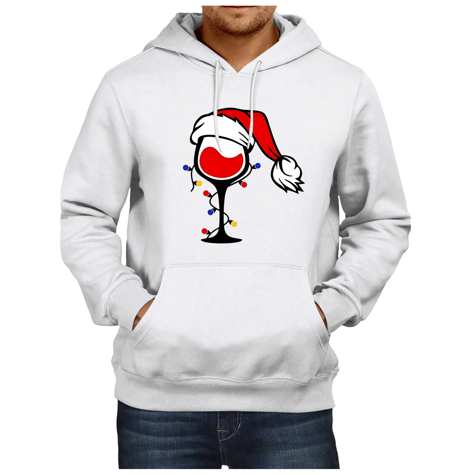 Christmas Hoodies For Men 2024 Red Wine Glasses With Santa Hats Graphic Sweatshirts Pullover Men's Big & Tall Sweatshirts