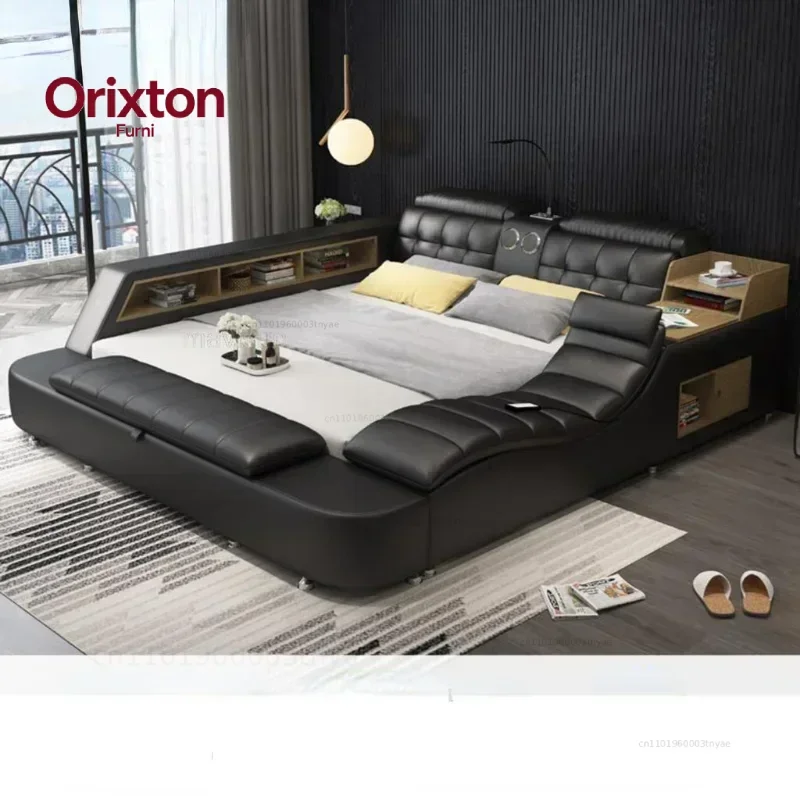 -Genuine Leather Bed Frame Soft Beds Massager Storage Safe Speaker Led Light Bedroom Recharging Bluetooth Safe Usb