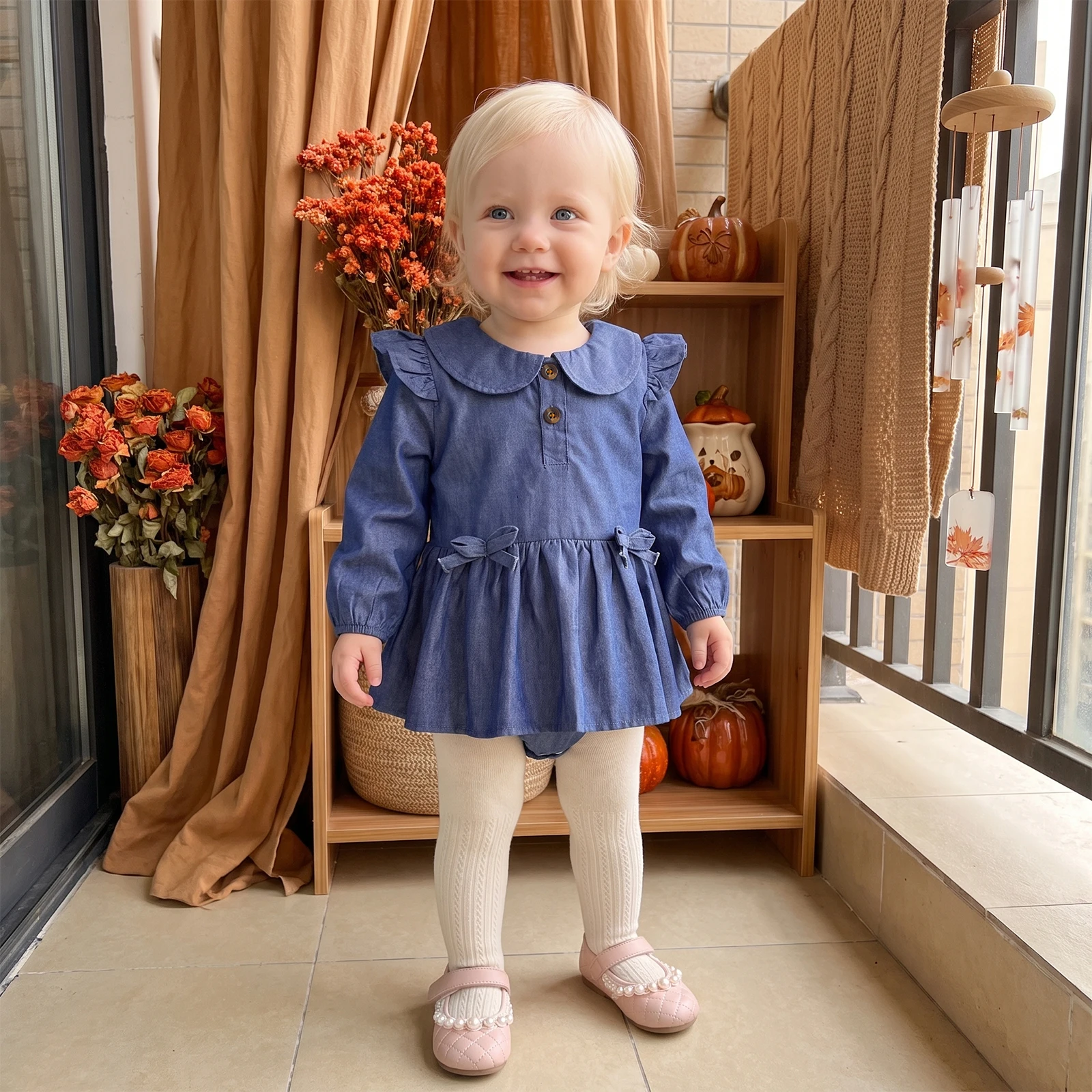 Baby Girl Denim Romper Solid Color Doll Collar Long Sleeve Fall Bodysuits