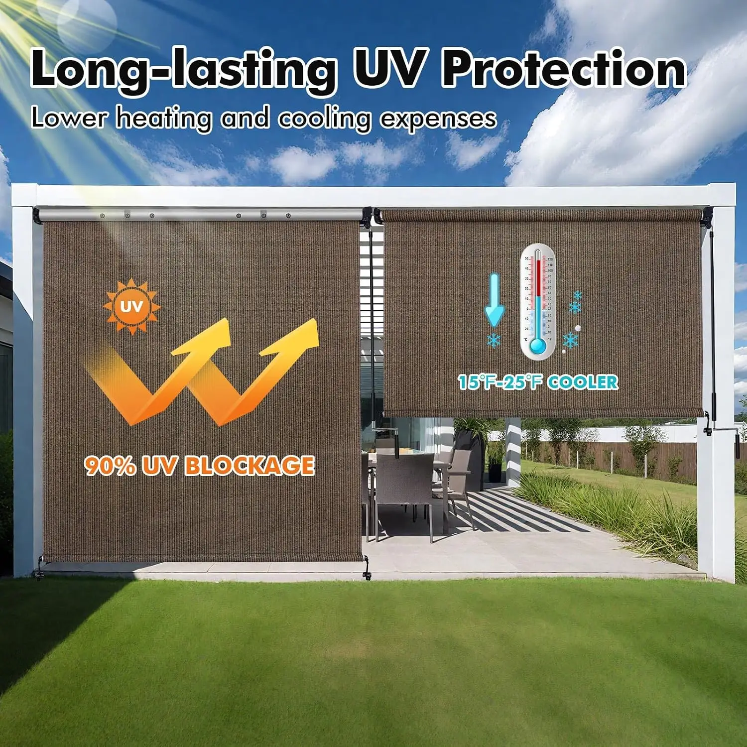 Outdoor Roller Shades with Splicing Design, 10' W x 8' H Exterior Cordless Patio Shades Roll Up Blinds for Porch, Gazebo, Pergola, Balcony, Mocha