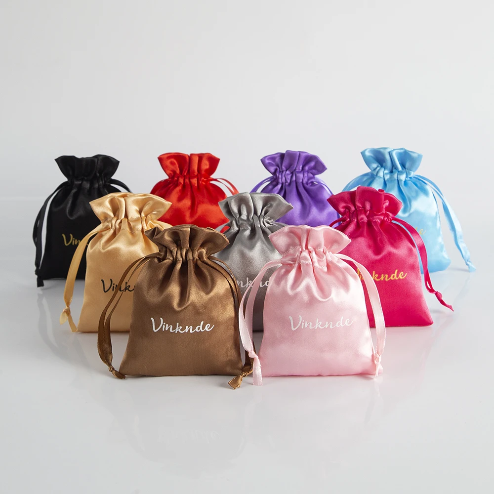 100pcs Dust Bags Custom Logo Silk Satin Gift Bag Smooth Cloth Ring Bracelet Earphone Jewelry Storage Packing Drawstring Pouches