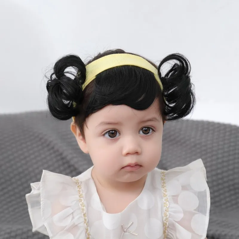 Baby Kids Hairband With Wigs Adorable Bun Elastic Headband Hair Piece Man Buns Topknot Girls Headband Stretch Black Hair