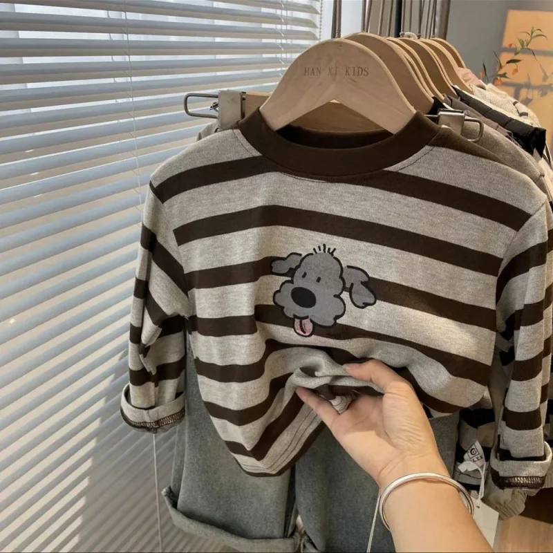 Long-sleeve Baby Kids Striped Versatile T-shirt for Children's Clothing Boys and Girls Cartoon Dog Printed Bottoming Shirt Tops