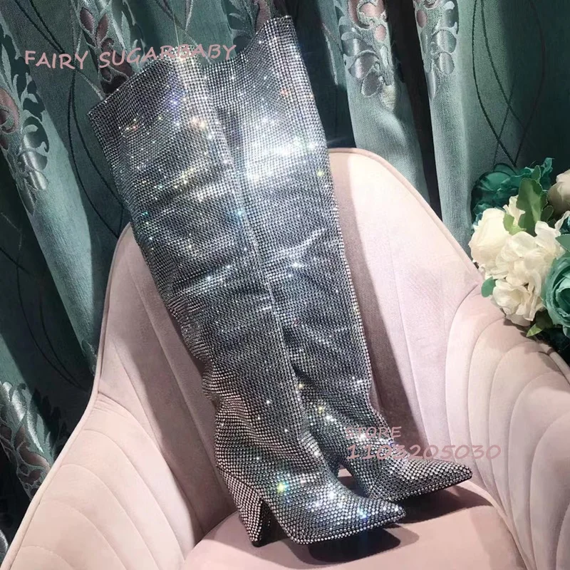 Kitten Heels Full Crystal Boots Girl Party Pleated Jeweled Silver Metallic Glitter Knee Booties Loose Luxury Design Dress Shoes