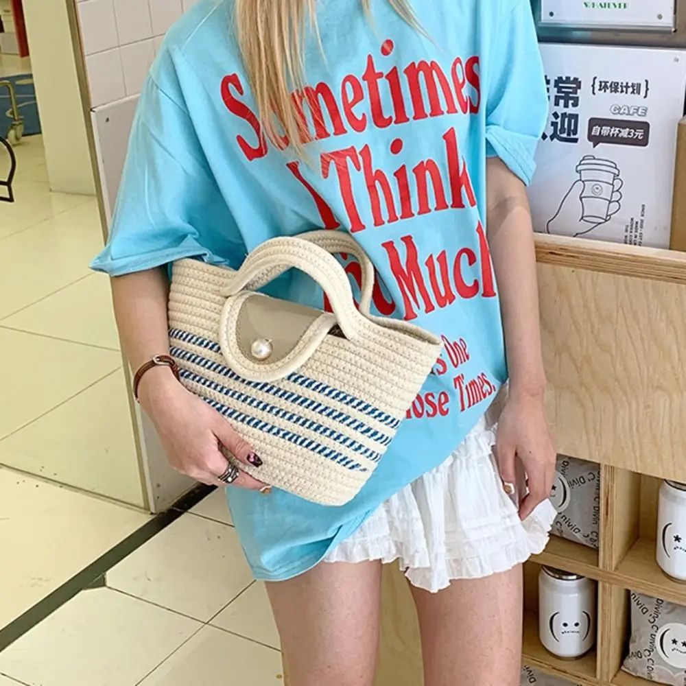 

Shoulder Bag Woven Tote Bag Solid Color Underarm Bag Stripe Tote Handbag Korean Style Large Capacity Summer Beach Bag Storage