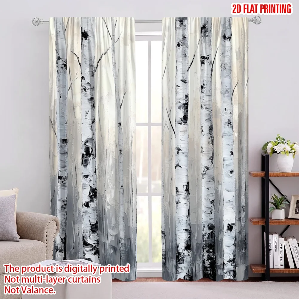 2pcs,2D plane printing Curtains Digital Printed Birch Whispers Versatile Durable Polyester (without rod) Outdoor Decorations Use