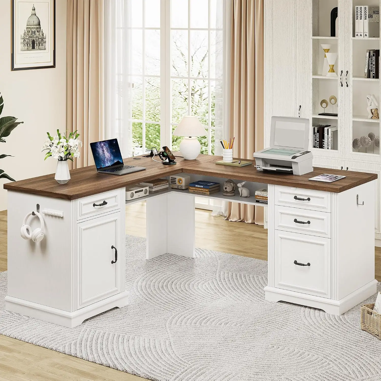 L-Shaped Office Desk 4 Drawers & Hidden Storage, Executive Computer Desk Charging Station, Wood Corner Work Desk, Customized