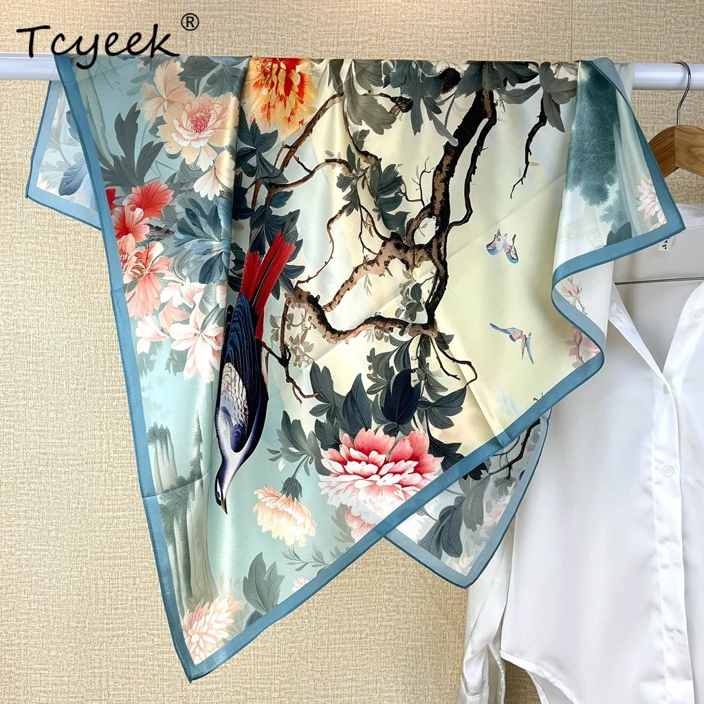 Tcyeek, 100%Real Slik Elegant Kerchief, 88cm Chinese Printed, Mom Gift Commute Retro Chic Scarf, 2024 Summer Autumn A465128QC