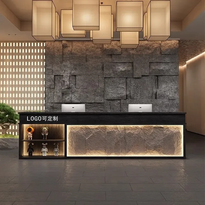 for New Chinese Style Front Desk Bar Slate Baking Paint Reception Desk Modern Simple Commercial Teahouse Beauty Salon
