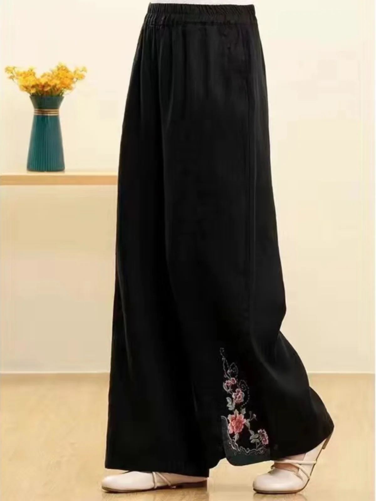 Casual Cotton Linen Wide Leg Pants Women's High Waist Trousers Embroidered Lightweight Chinese Style Artistic Loose Fit