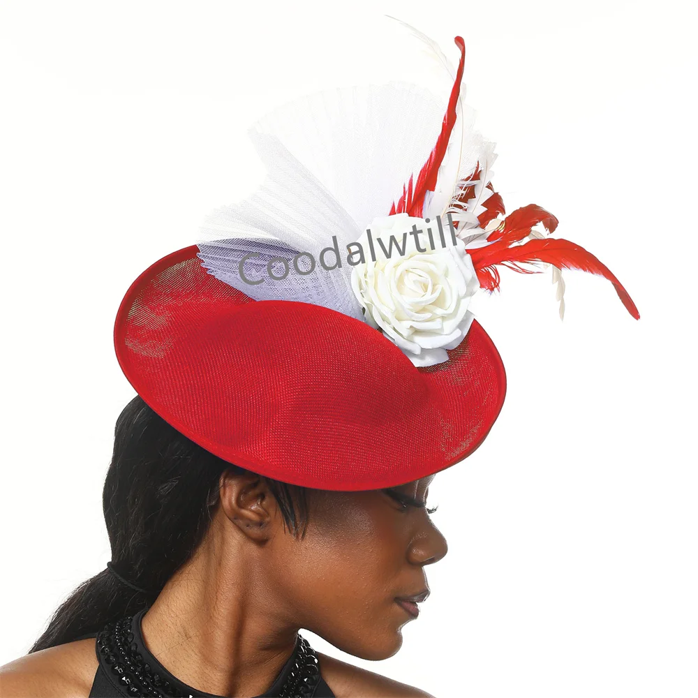 Red Fascinator Headpiece Hat Headband Elegant Women's Party Wedding Chapeau Cap Church Occasion Millinery Cap With Flower