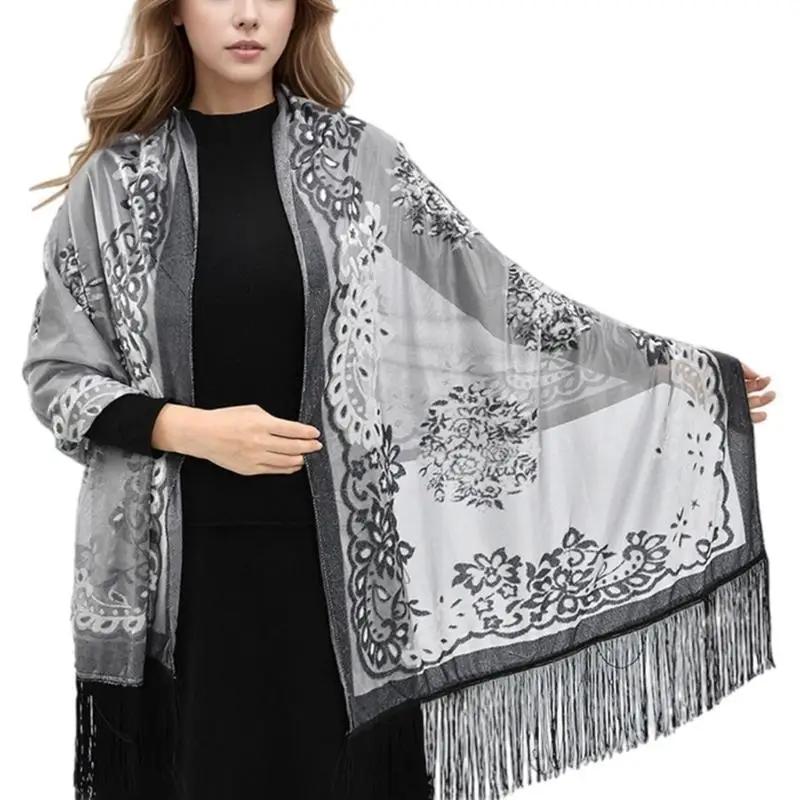 39BD Stylish Women's Shawl Evening Dress Fringed Shoulder Wrap Long Tassels Neckerchief Traditional Chinese Bandana Scarf
