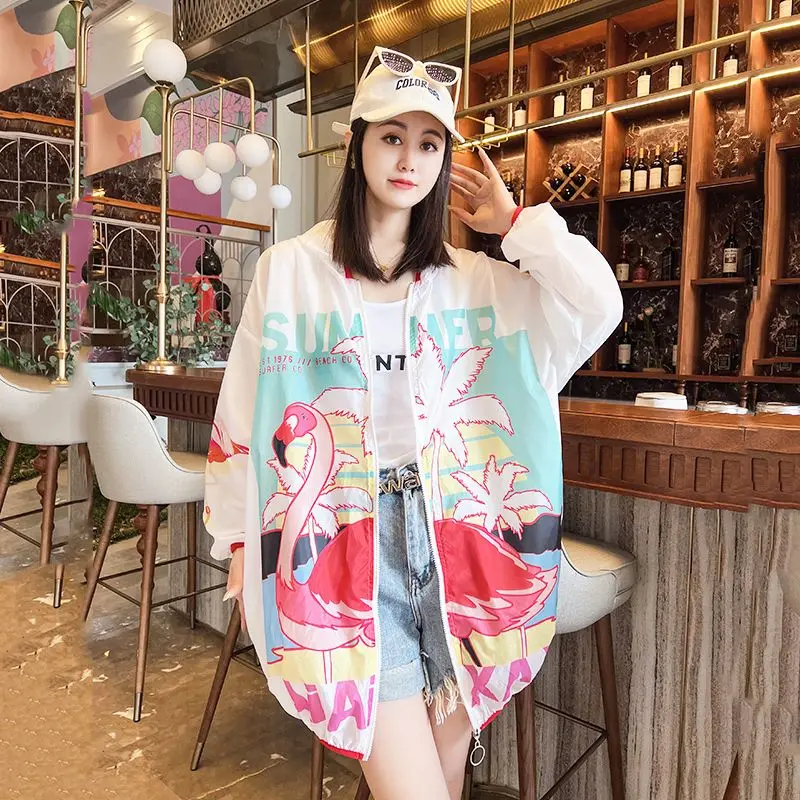 Cartoon Prints Sweet Summer Women Jacket Sweatshirt Sun Protection Clothing Long Sleeve Zipper Loose Quick Dry Outdoor Outerwear