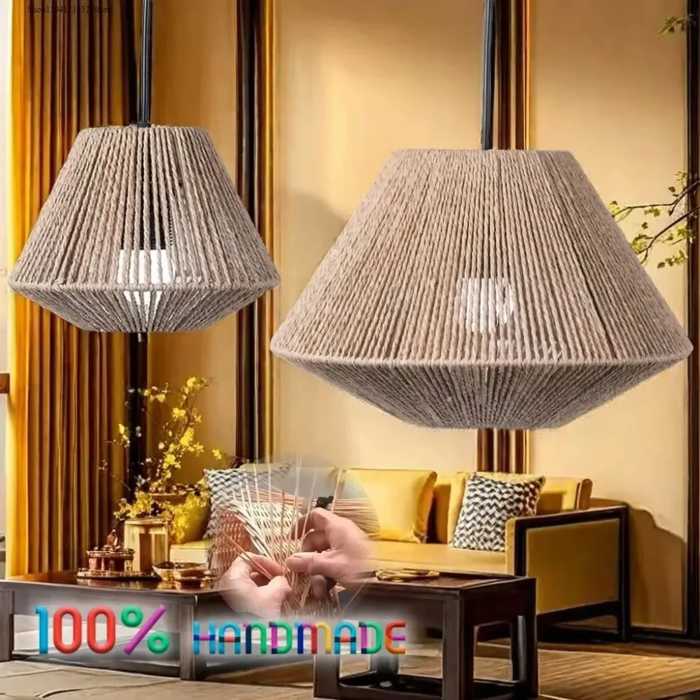 

Rural Style Imitation Rattan Lampshade Pure Hand Woven Paper Rope Room Homestay Coffee Shop Handmade Creative Lighting Decor