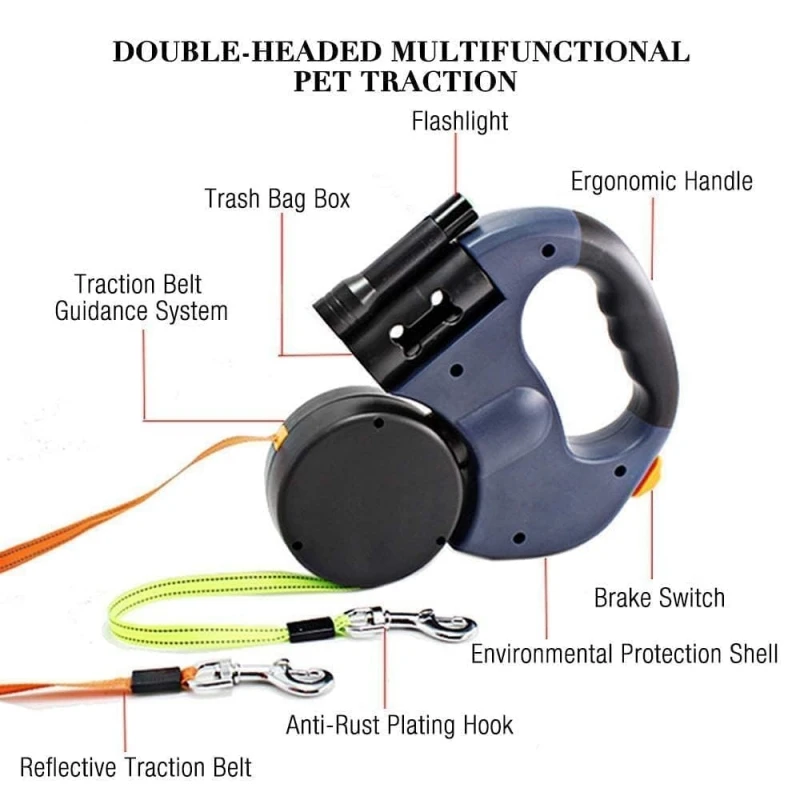 Adjustable double dog leash with lightweight solid pattern retractable pet accessory for two dogs sustainable function