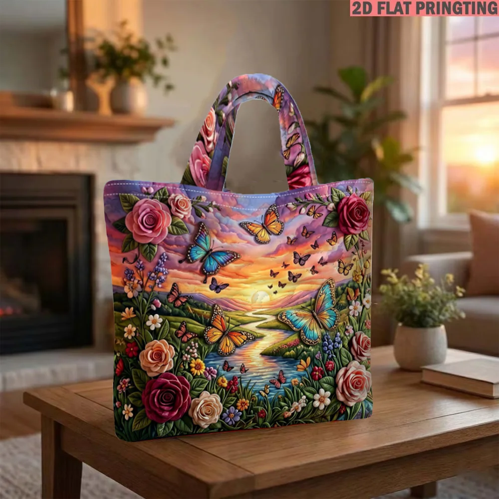 1 Stück gesteppte Tragetasche für Damen, bedruckt mit Schmetterlingsgarten, Sonnenuntergang, Blumen, Bach, Rosen, multifunktionale, gesteppte Tasche mit großem Fassungsvermögen – Detail 1