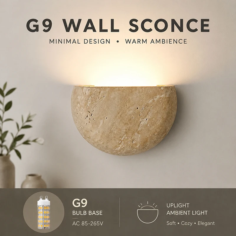 Natural Yellow Travertine Wall Light Modern Minimalist Stone Sconce Wabi Sabi Ambient Wall Lamp Bedside Living Room G9 85-265V