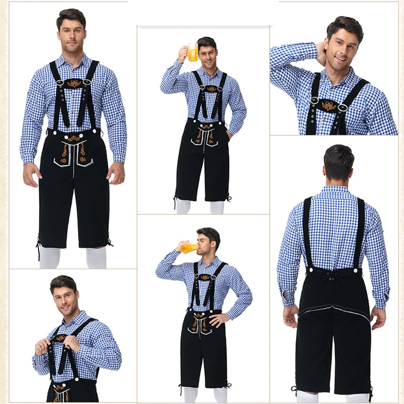Men Carnival Oktoberfest Costume Plaid Shirt Lederhosen Outfit Cosplay Halloween Parade Stage Show Fancy Party Dress