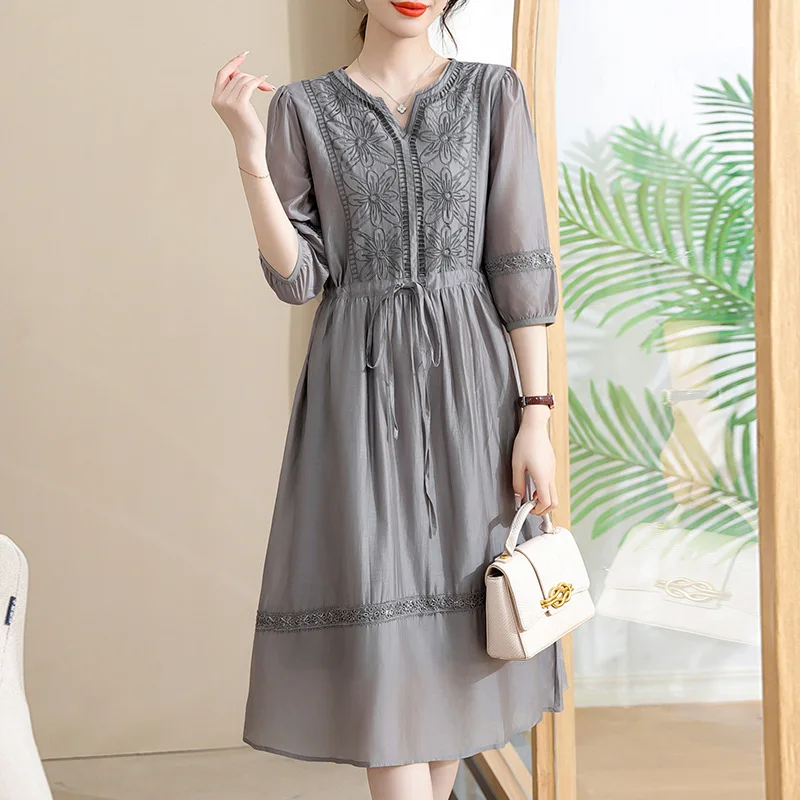 Spring Summer New Silk Embroidery Dress Women's Solid V-Neck High Waist Shirring Midi Dress Casual Loose Holiday Dress Robe J206