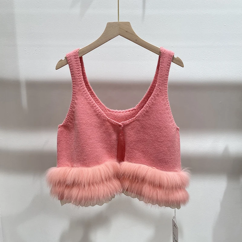 Girl's Autumn Sweet Pink Real Fox Fur Spaghetti Strap Sweater Sexy Spring White Knitted Short Camisole Vest